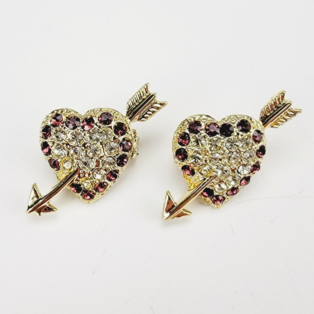Gold Tone Heart and Arrow Rhinestone Brooch Pin Set‎ Purple Clear Cupid 2pc